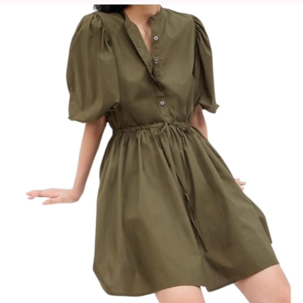 Gap balloon sleeve dress NEW Medium cotton olive green drawstring waist Feminine